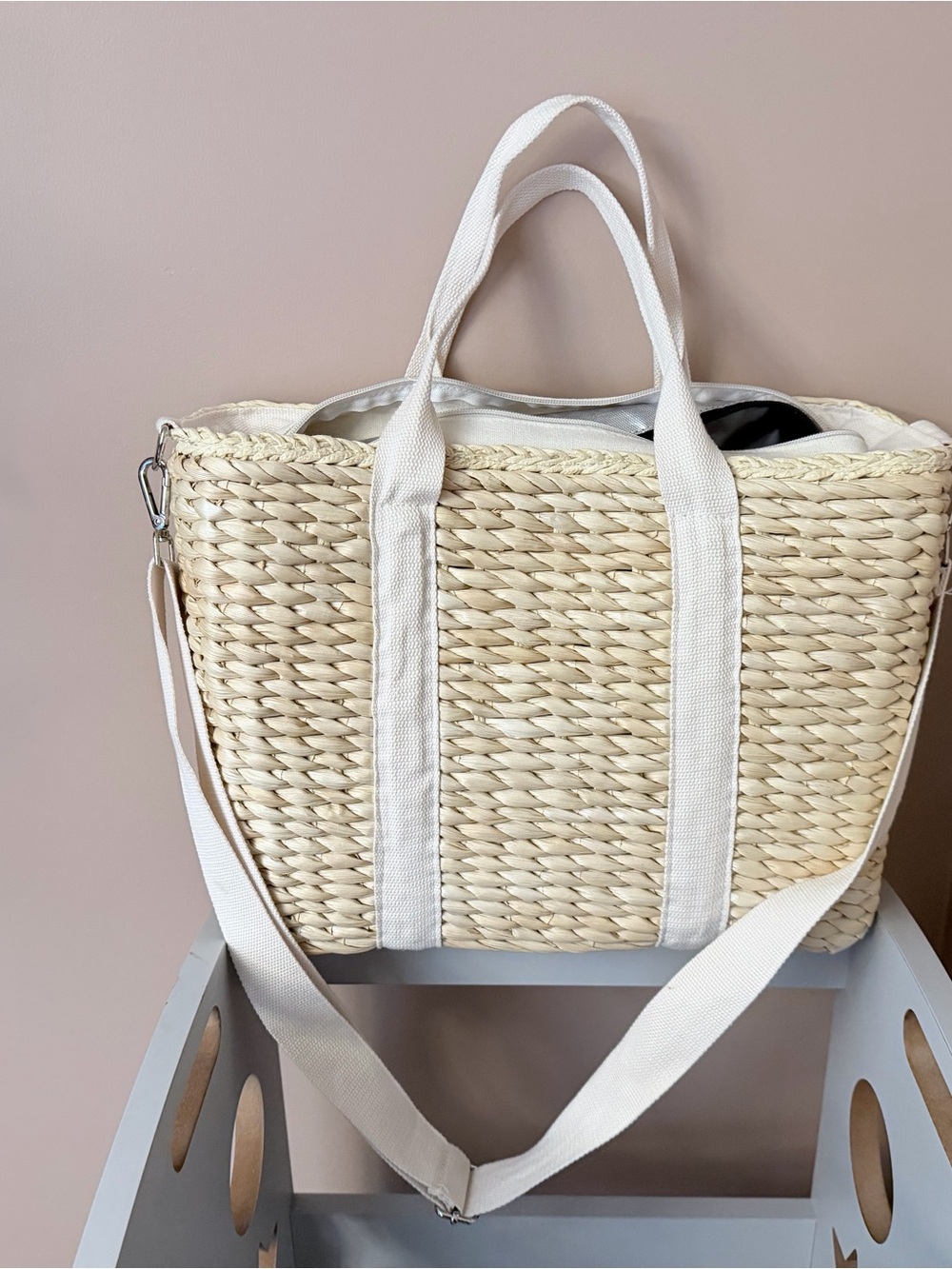 Canvas-Trim Woven Tote Bag in Natural